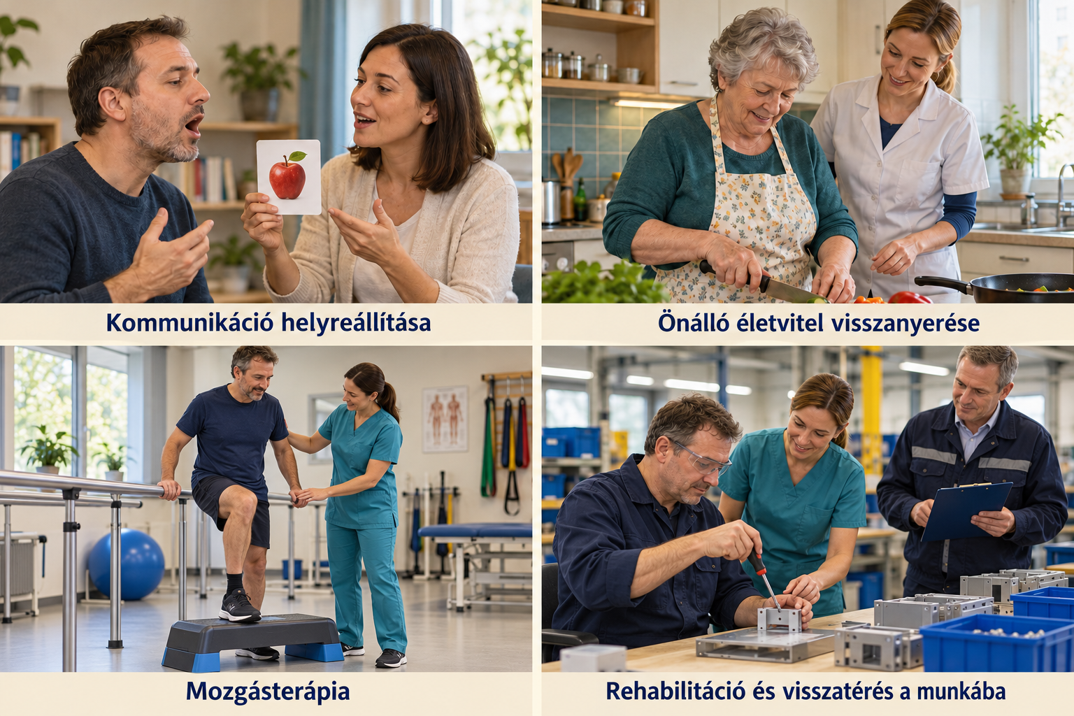 Négy szemléltető rehabilitációs jelenet: kommunikáció gyakorlása, önellátás támogatása, járásgyakorlás gyógytornásszal, valamint munkafeladat terápiás gyakorlása.